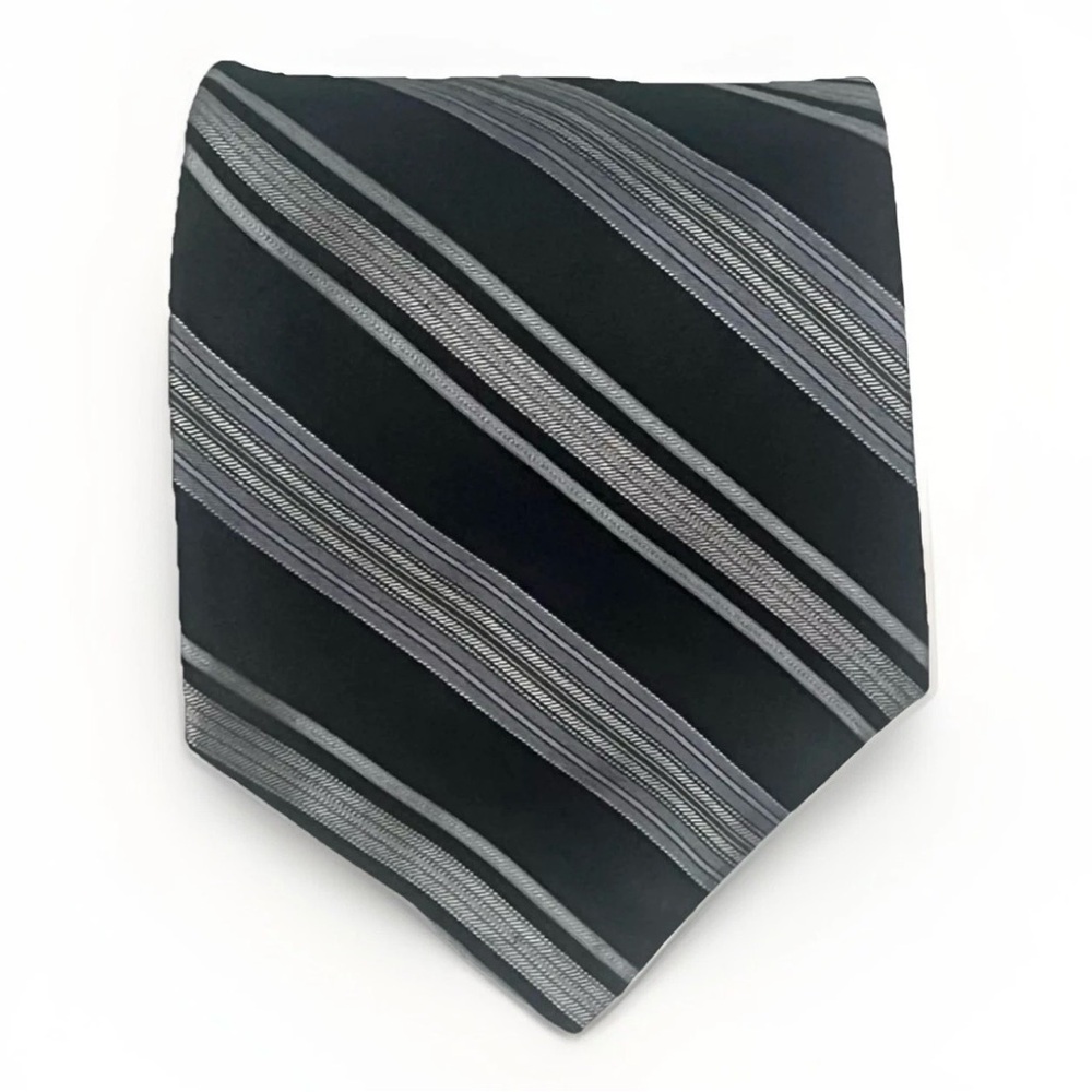 DKNY 100% Silk Designer Tie‎ Black Gray Striped Business Casual Necktie US-Made